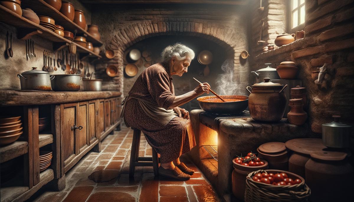 An elderly Italian grandmother cooking in a traditional kitchen