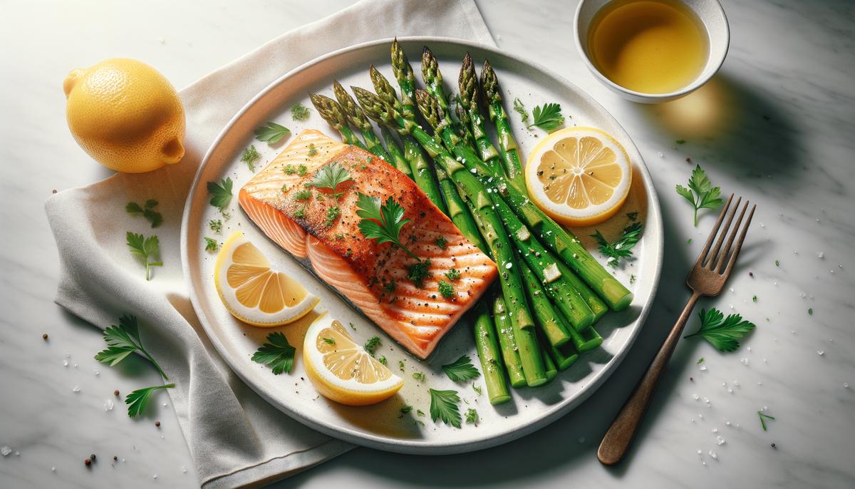A plate of keto baked salmon with asparagus, garnished with lemon and parsley