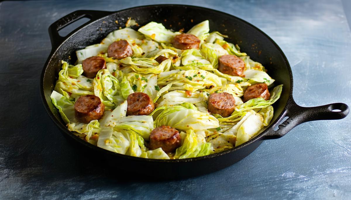 Plated keto sausage and cabbage skillet dish