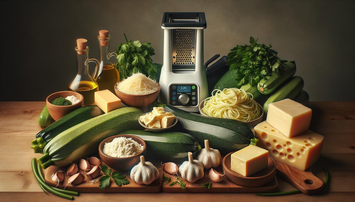 Ingredients for Keto Zoodle Alfredo laid out on a kitchen counter