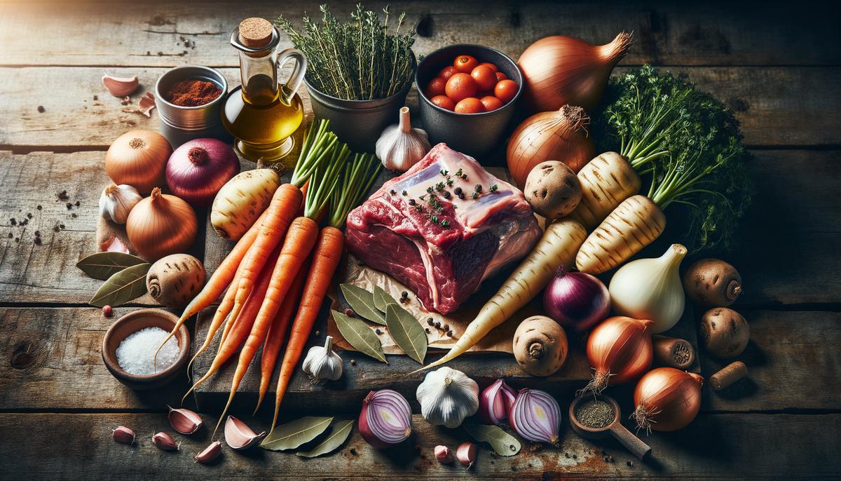 Fresh ingredients for lamb and root vegetable stew laid out on a rustic wooden table