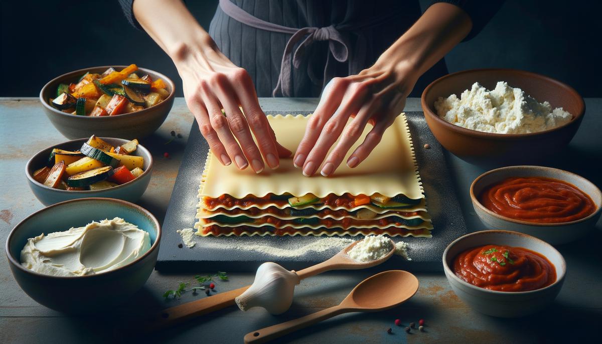 Hands layering ingredients in a vegetarian lasagna dish