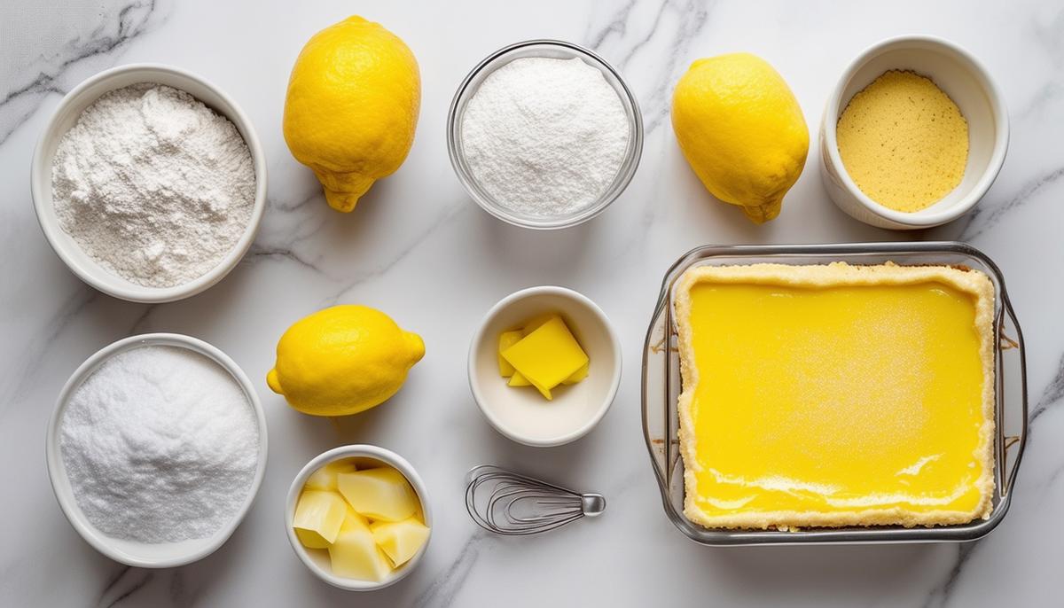 Ingredients for lemon bars recipe laid out on a kitchen counter