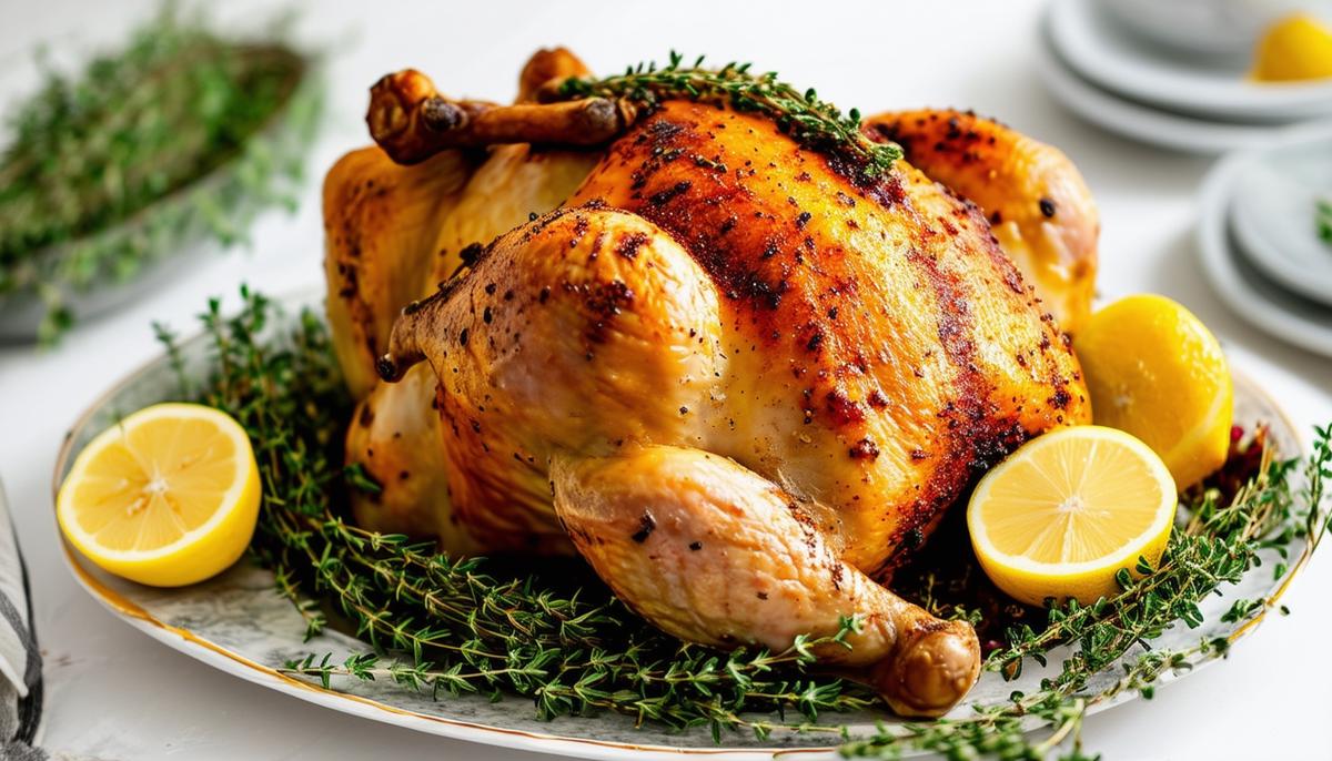 A beautifully roasted chicken with lemon and thyme, ready to serve