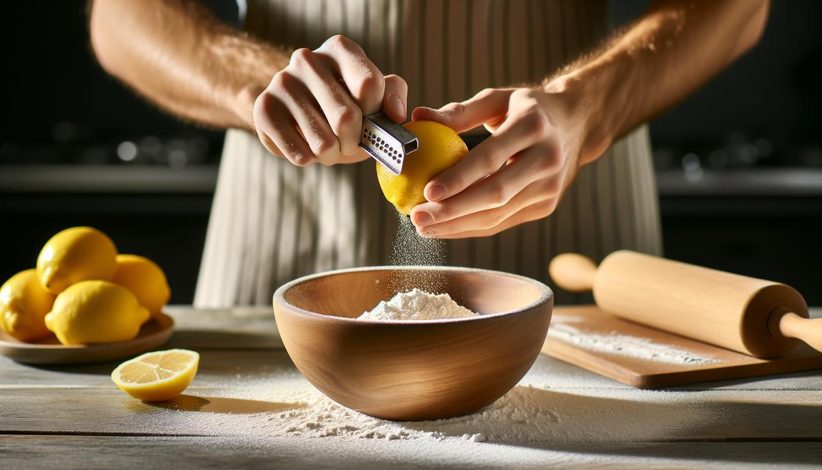 Hands zesting a lemon over a bowl of gluten-free flour