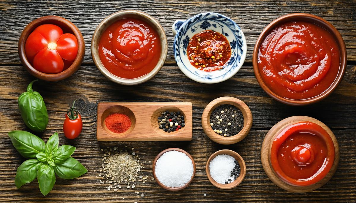 Ingredients for making marinara sauce laid out on a rustic wooden table