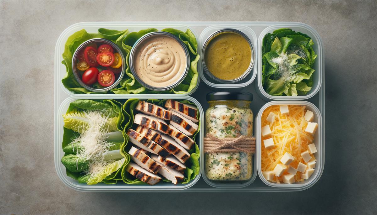 Meal prep containers with ingredients for chicken Caesar wraps