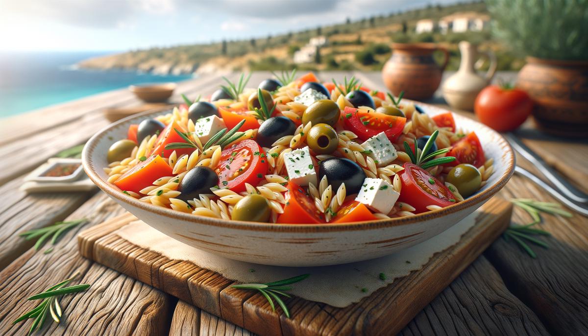 A colorful Mediterranean orzo salad served in a white bowl