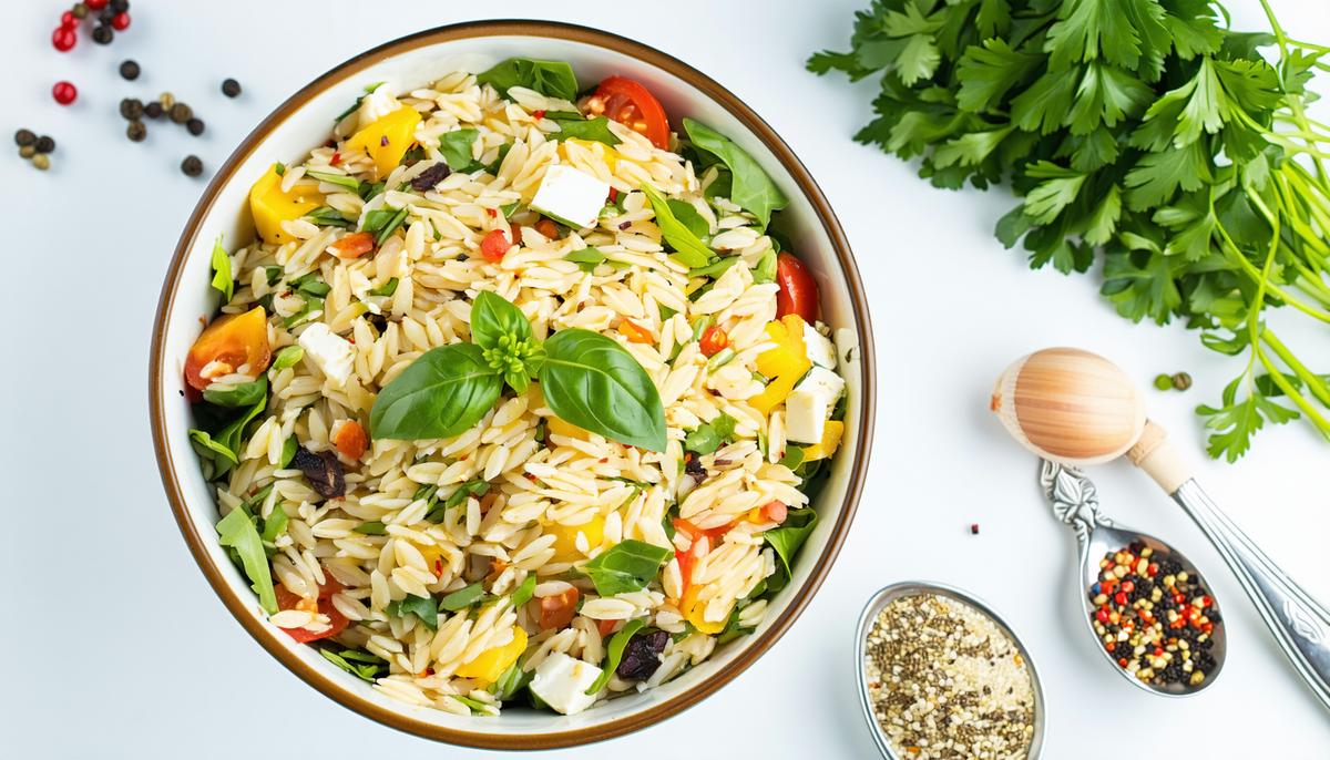 Finished Mediterranean orzo salad in a serving bowl with recipe ingredients nearby