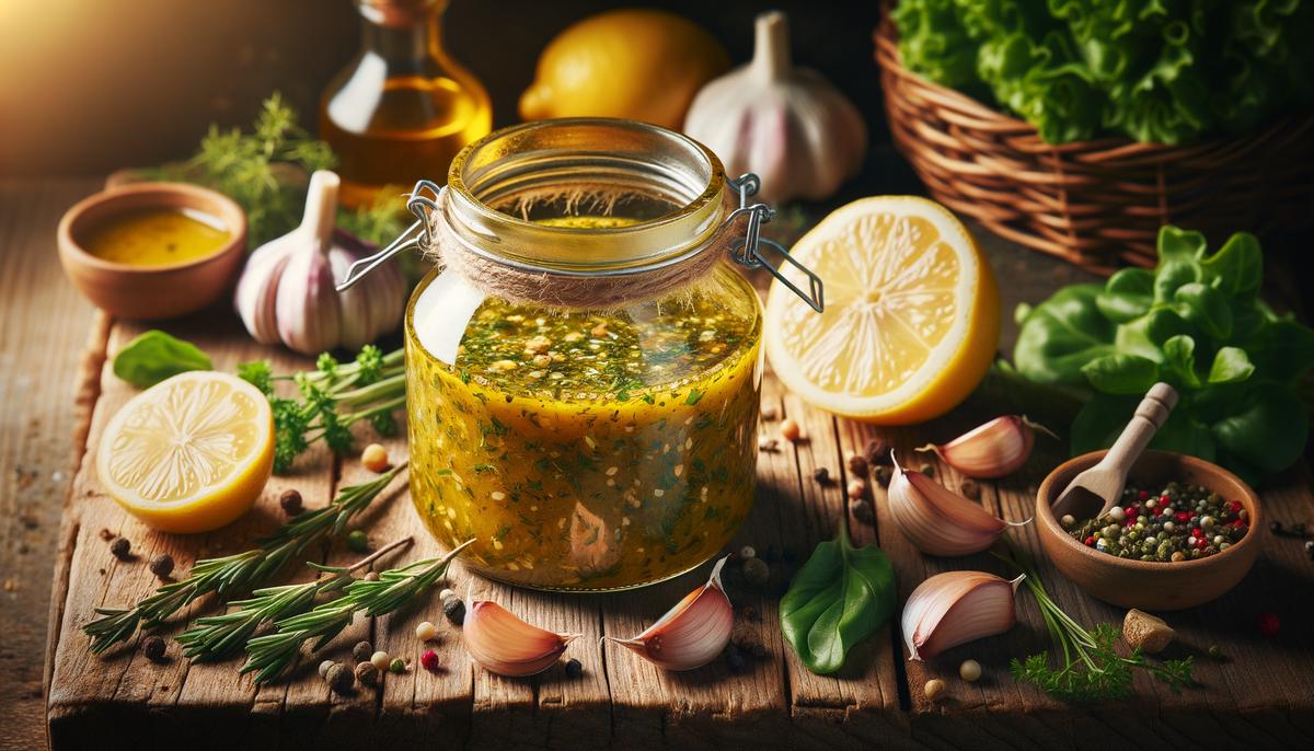 A jar of homemade Mediterranean salad dressing with ingredients