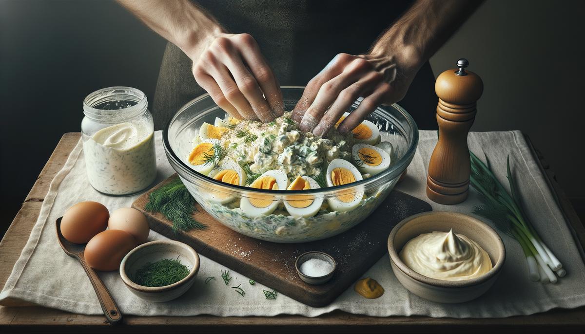 Hands mixing a bowl of egg salad with Greek yogurt and fresh herbs
