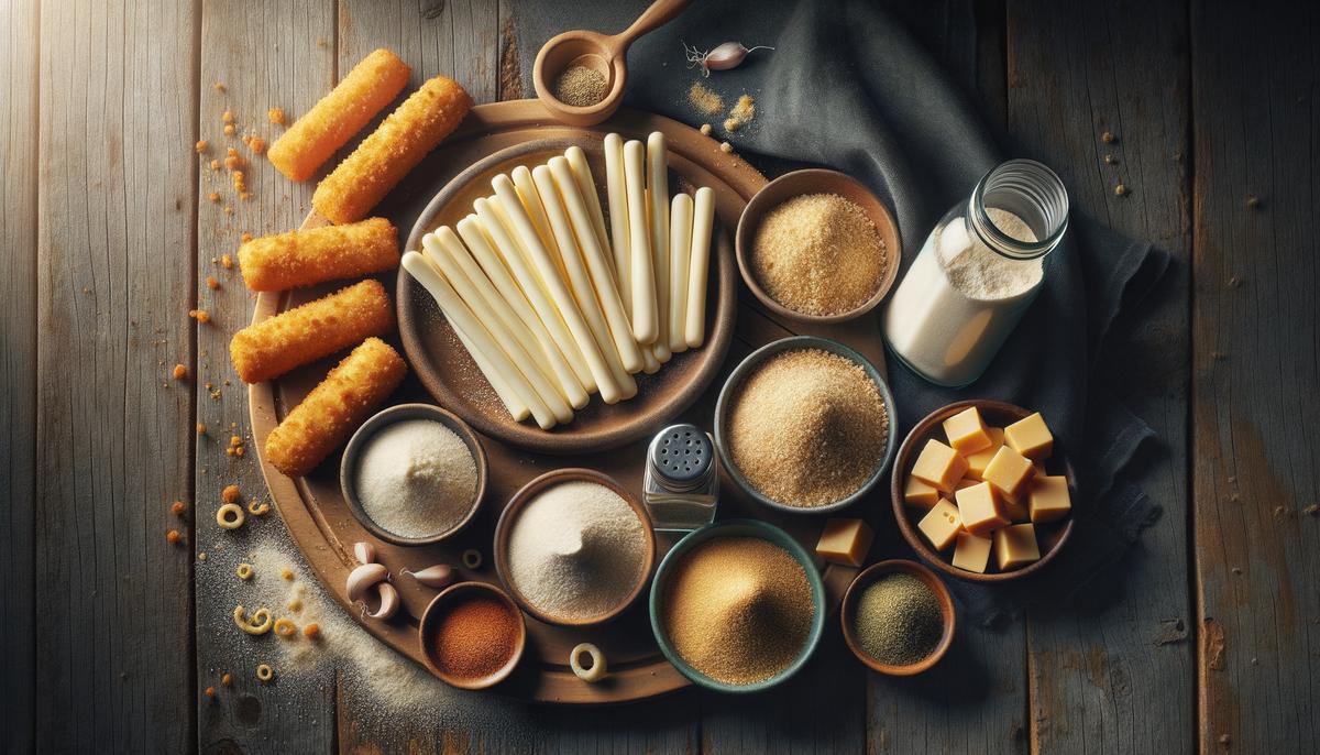 Ingredients for air-fried mozzarella sticks laid out on a wooden surface