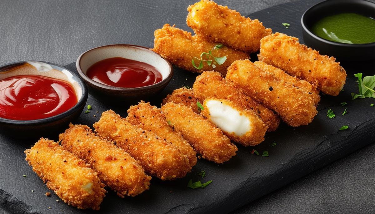 Air-fried mozzarella sticks on a slate board with various dipping sauces