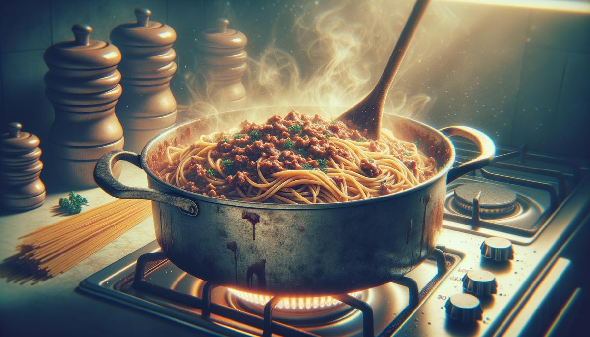 A large pot with spaghetti bolognese being cooked on the stove