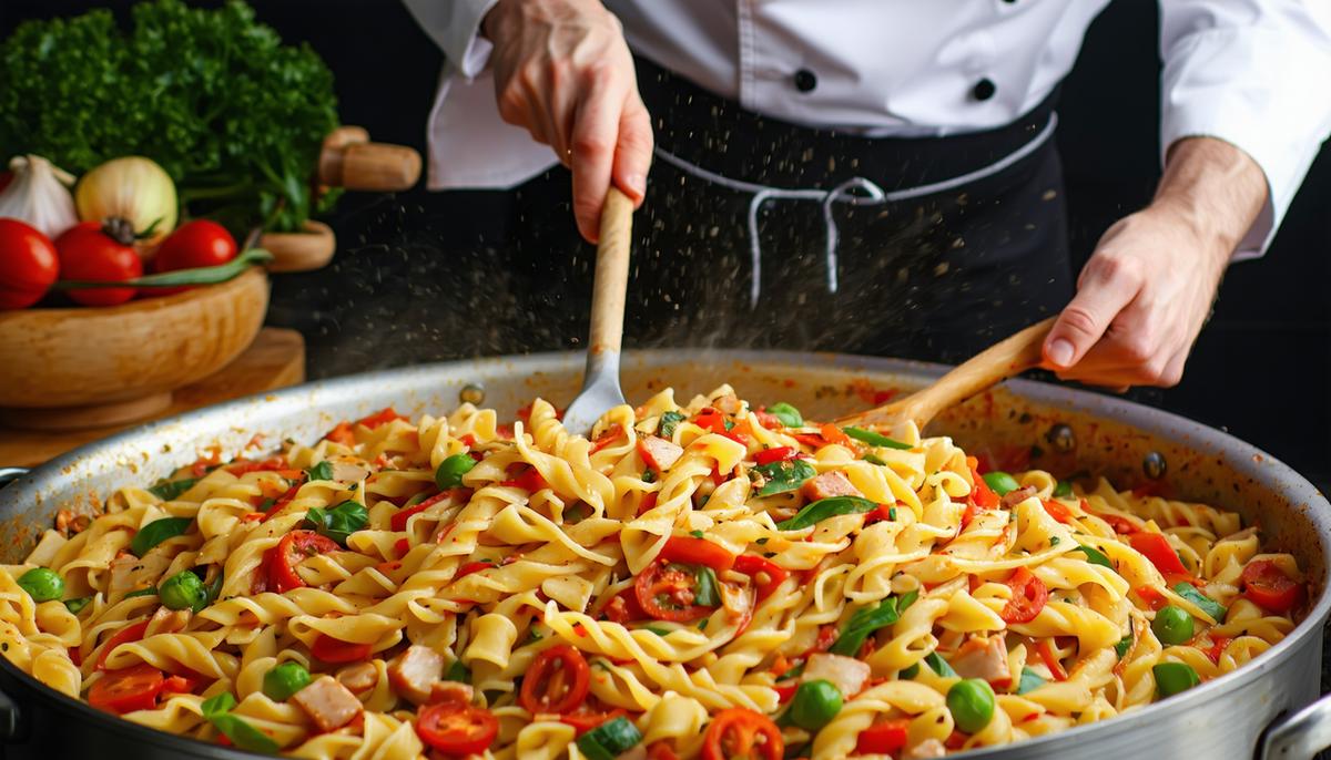 A chef stirring a large pot of colorful one-pot pasta