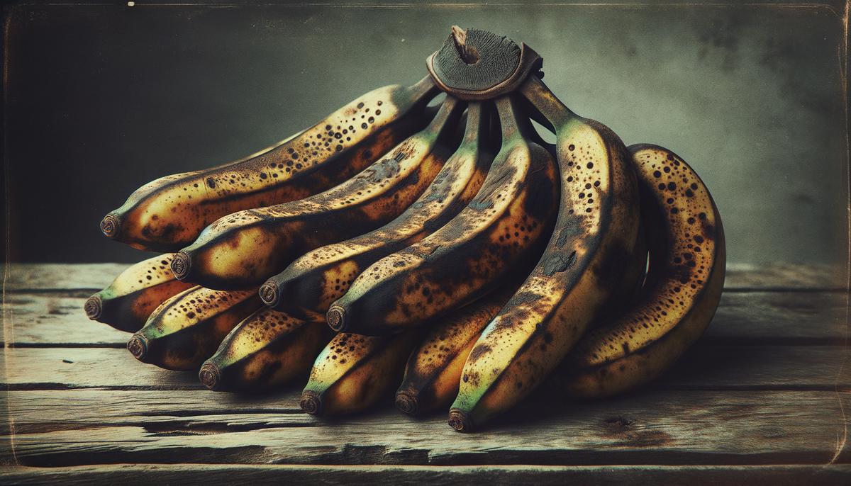 A bunch of overripe bananas with dark spots, perfect for banana bread