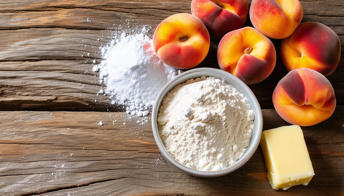 Ingredients for peach cobbler laid out on a rustic wooden table