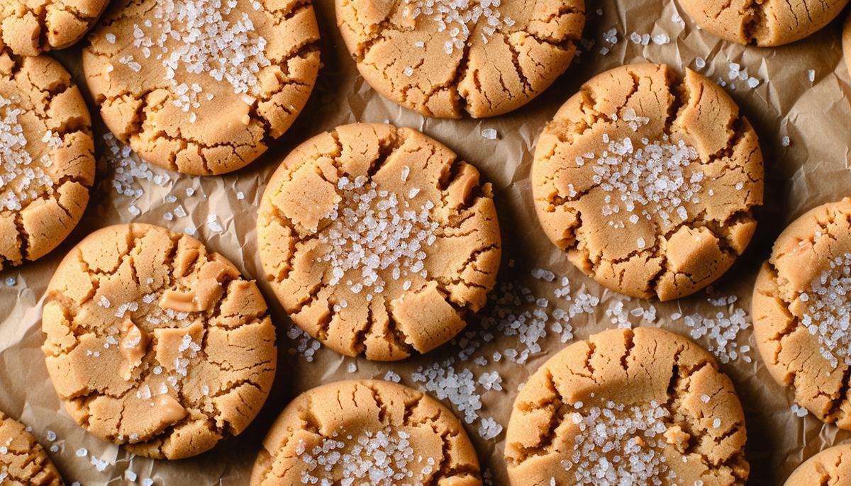 A batch of freshly baked peanut butter cookies sprinkled with sea salt