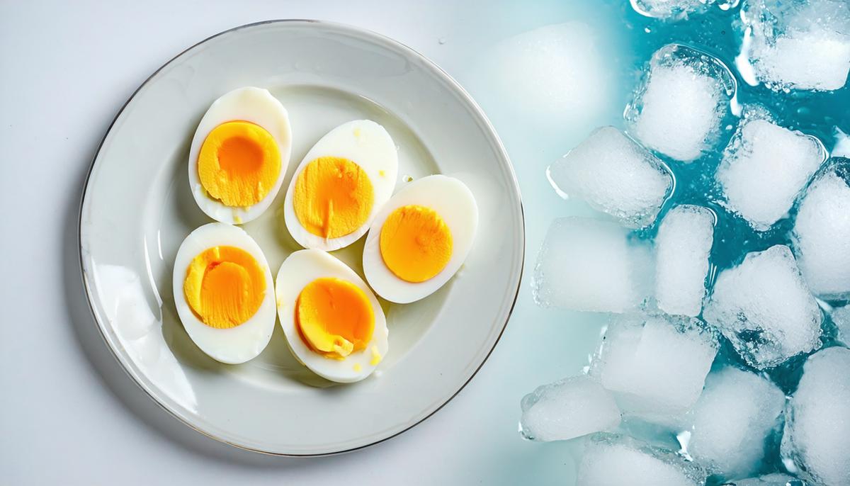 A plate of perfectly peeled hard-boiled eggs next to an ice bath