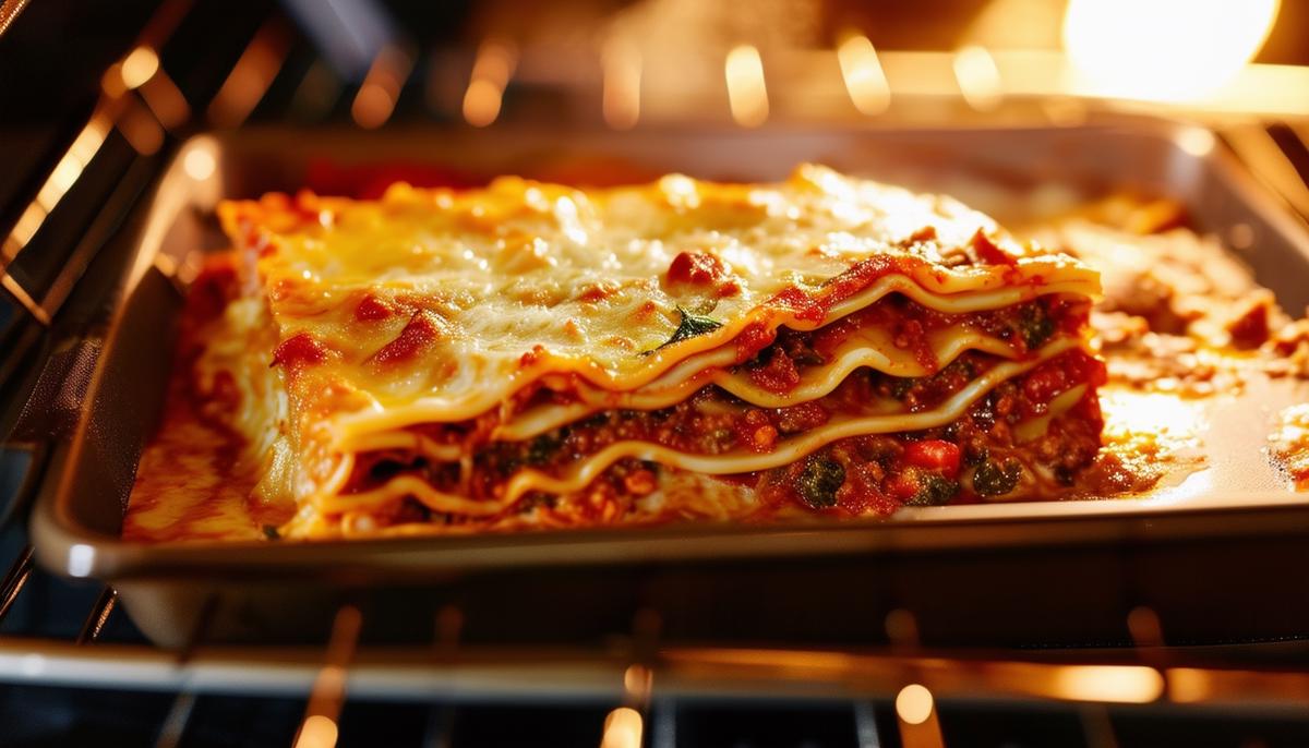 A slice of vegetarian lasagna being reheated in the oven