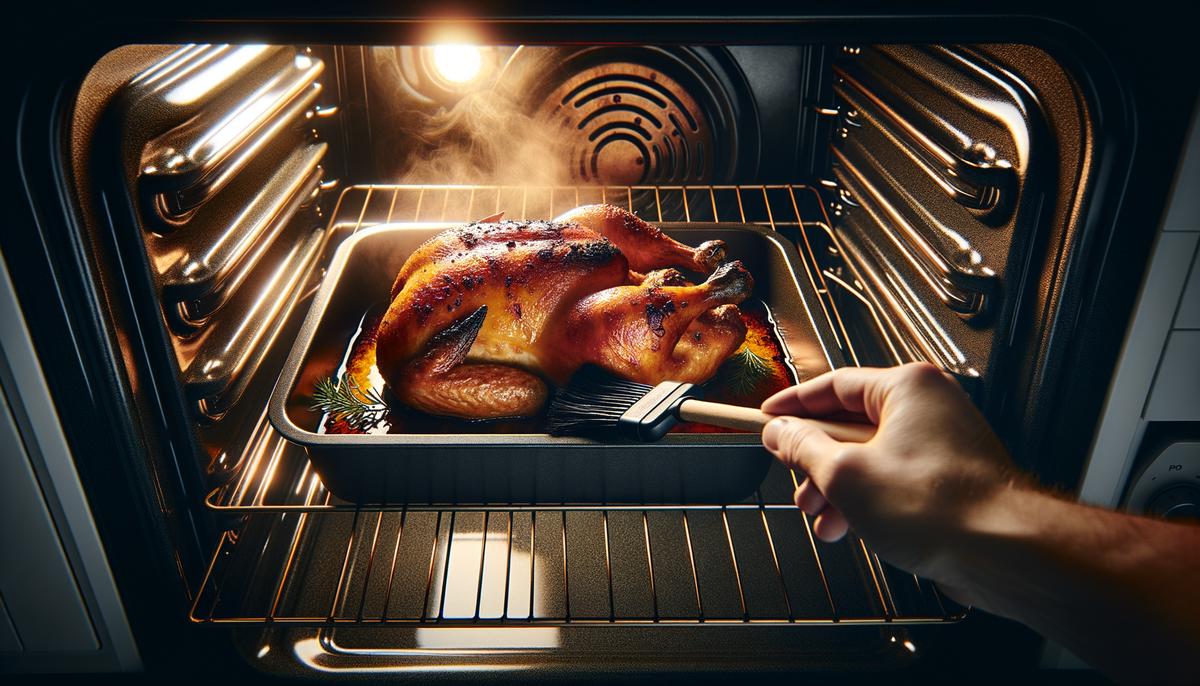 A roast chicken being basted in a hot oven