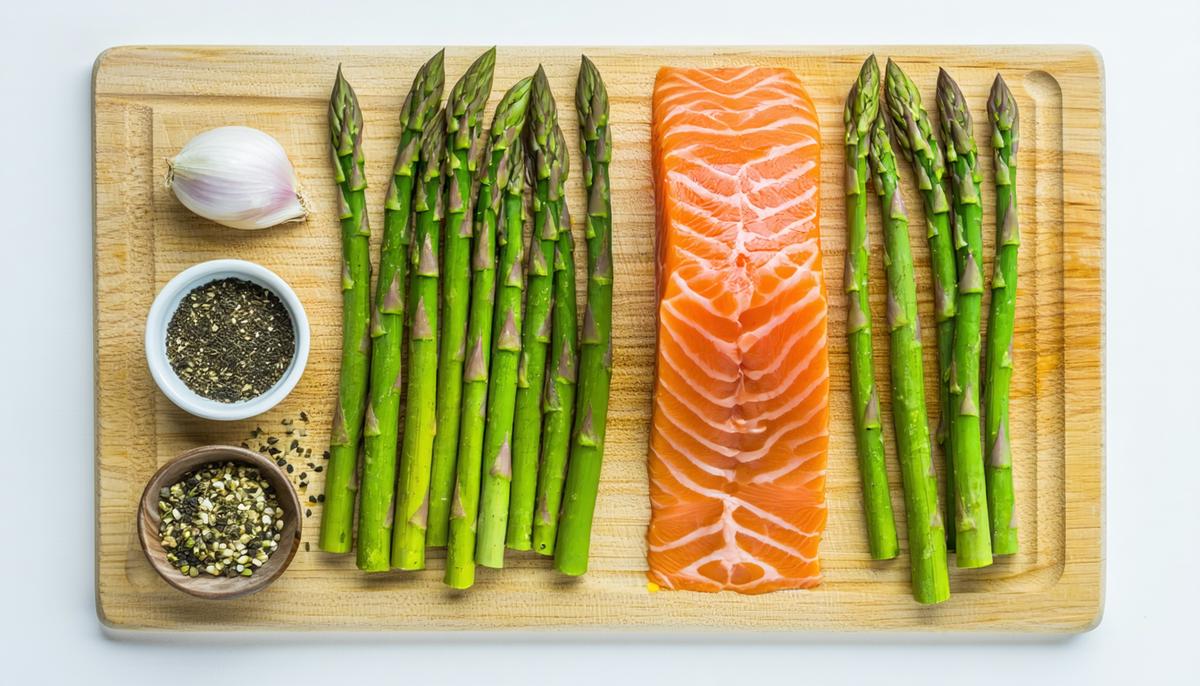 Fresh ingredients for salmon and asparagus dish laid out on a cutting board