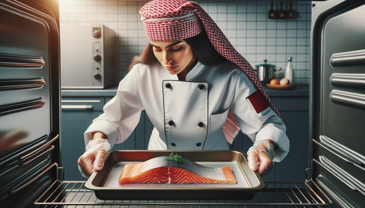 A chef demonstrating the cold oven technique for cooking salmon