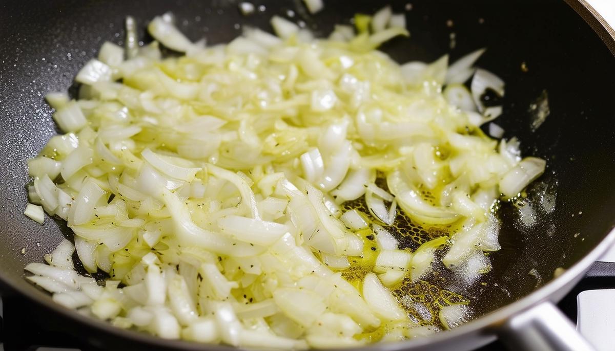 Onions and garlic sautéing in a pan with olive oil