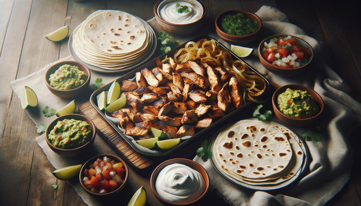 A plate of freshly cooked sheet pan chicken fajitas with tortillas and toppings