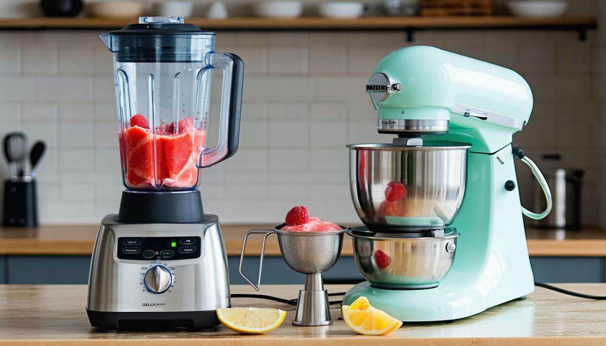 A set of essential tools for making sorbet including a blender, fine-mesh strainer, and ice cream maker on a kitchen counter