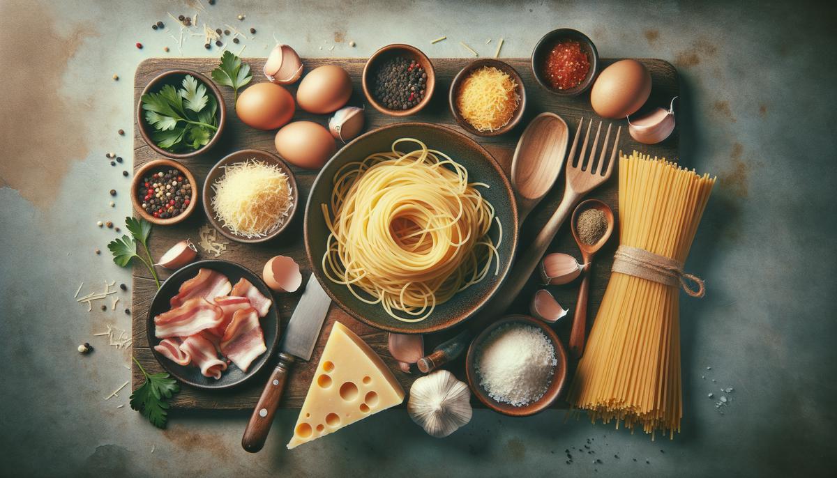 Ingredients for spaghetti carbonara laid out on a kitchen counter