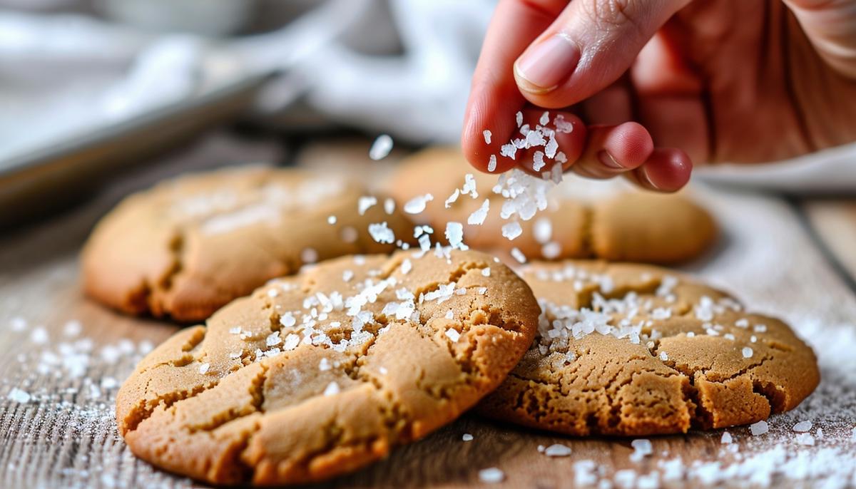 A hand sprinkling sea salt on freshly baked peanut butter cookies
