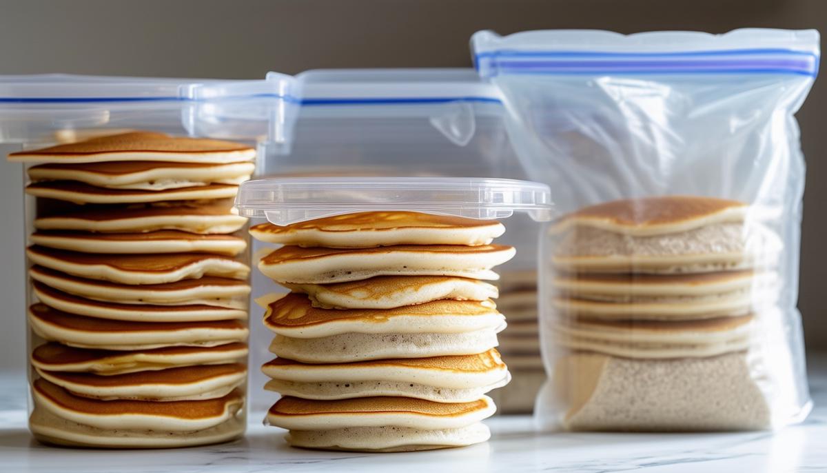 Almond flour pancakes being stored in airtight containers and freezer bags