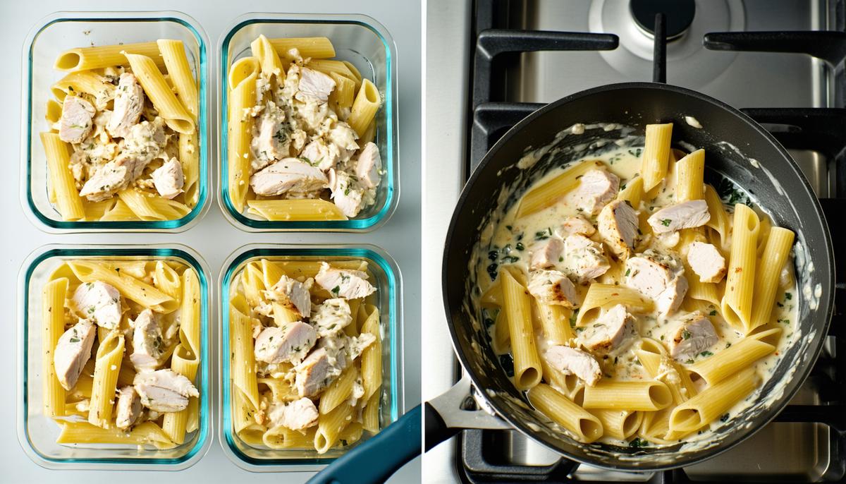 Containers of leftover chicken Alfredo pasta and a pan reheating the dish on a stove