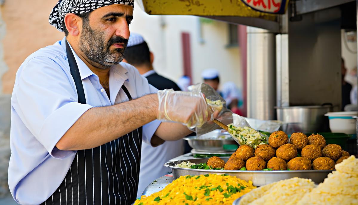 A Middle Eastern street vendor preparing falafel