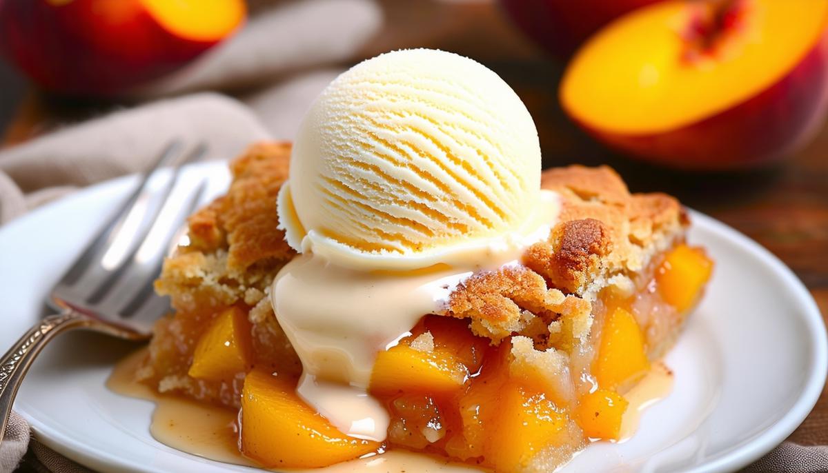 A scoop of vanilla ice cream slowly melting on a warm slice of peach cobbler
