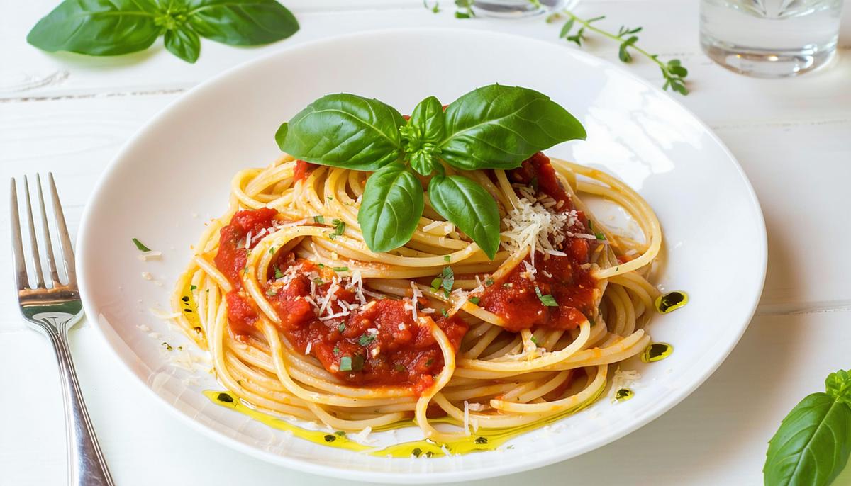 A plate of vegan spaghetti with marinara sauce, garnished with fresh basil and a drizzle of olive oil