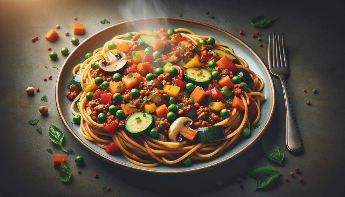 A plate of spaghetti bolognese with visible vegetable additions