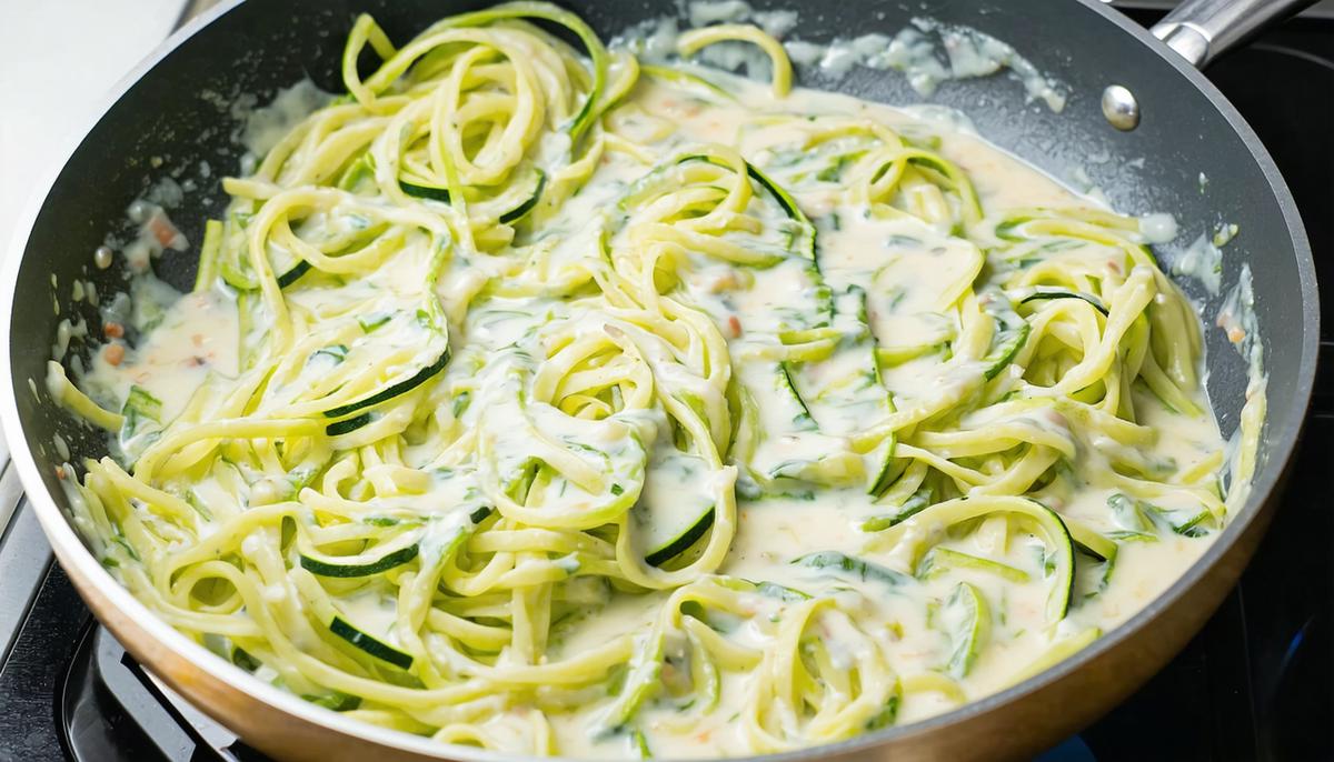 Zucchini noodles being combined with Alfredo sauce in a pan
